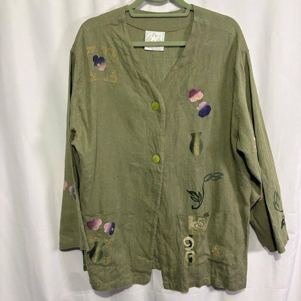 Play Alegre Hand Painted 100% Linen Jacket Womens Sz L Green Floral Art to Wear